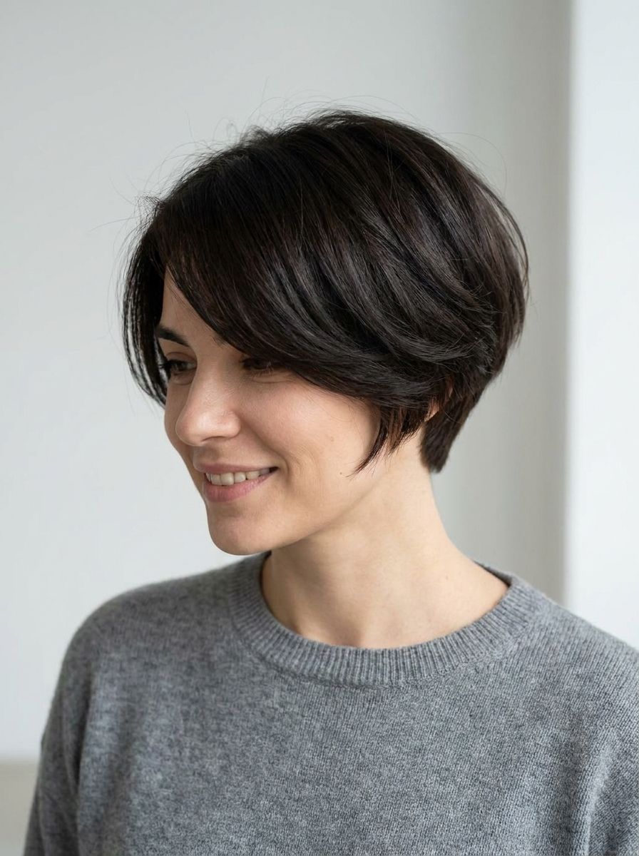 Bixie mit langem Seitenpony - Kurzhaarfrisuren für dickes Haar